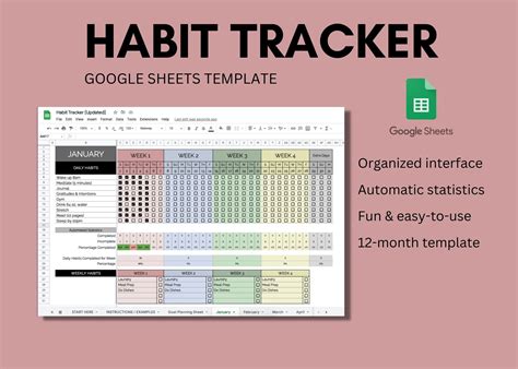 Habit Tracker Spreadsheet Month Google Sheets Etsy