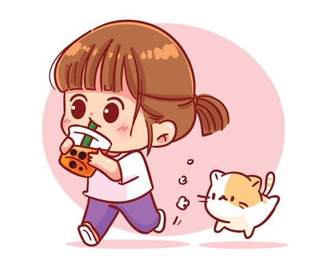 Happy Girl Drinking Bubble Milk Tea Cartoon Art Illustration 2870773
