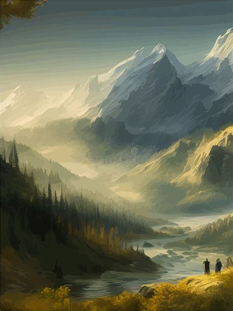 Mountain And Lake Landscape Cartoon Rocky Mountains Forest And River