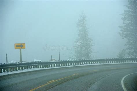 Traffic Signs On Icy Mountain Road Stock Photo Image Of Curve Storm