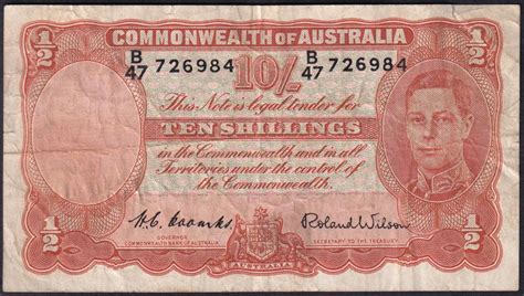 Australia 1952 Ten Shillings Coombs Wilson Fine Tear The Purple Penny