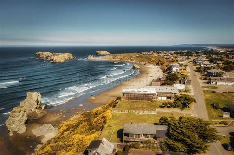 Drone Shot Of Bandon Oregon Coastal Homes Real Estate Overlooking Beach