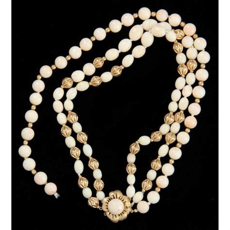 Kt Gold And Angel Skin Coral Bead Necklace Lot Estate Jewelry
