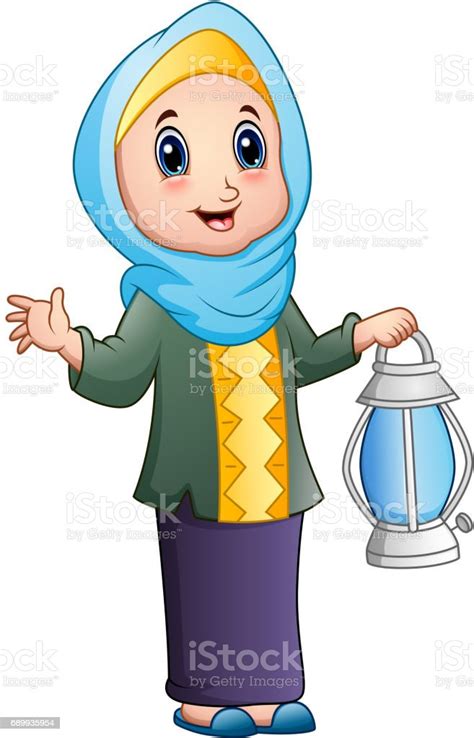 Cartoon Muslim Girl Holding Lantern Stock Illustration Download Image