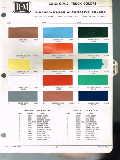 Color Chart Chevy Paint Codes Colors