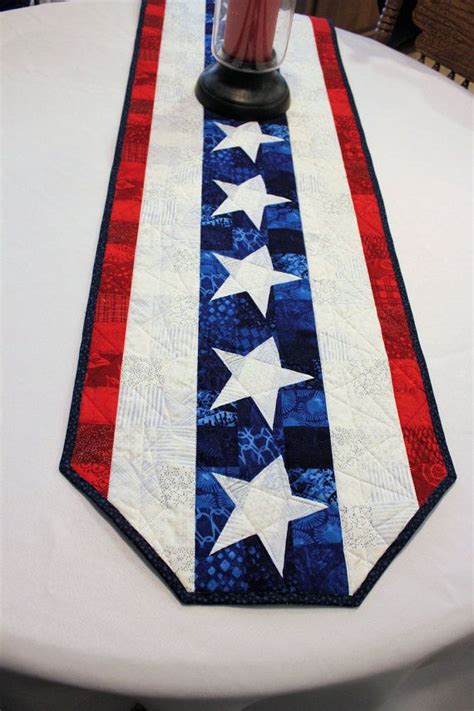 Patriotic Table Runner Quilt- Bright Red, White and Blue Quilted Table