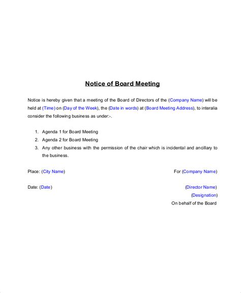 Notice Of Meeting Template