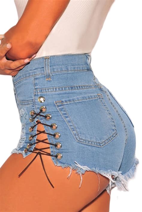 Fashionable Blue Denim Ripped Lace Up Sides High Waist Shorts