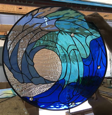 Deep Blue Cresting Ocean Wave Leaded Stained Glass Window Panel Also
