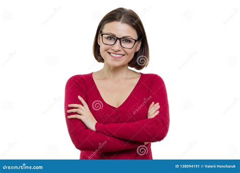 Smiling Successful Confident Middle Aged Woman In Glasses With Folded Hands Looking At Camera On