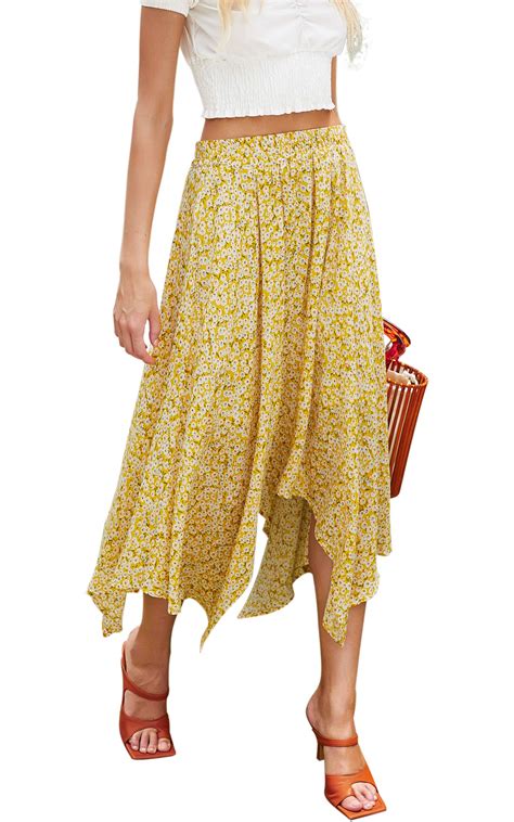 Hibluco Womens Midi Skirt High Waist Asymmetrical Floral Skirt Boho