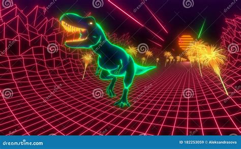 T Rex Dinosaur Walks Through A Neon Jungle 80s Retro Style Wallpaper