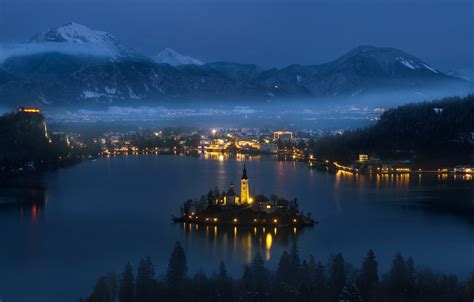 Wallpaper City Lights Night Mountains Clouds Lake Snow Lake Bled