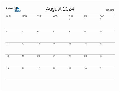Printable August 2024 Monthly Calendar With Holidays For Brunei