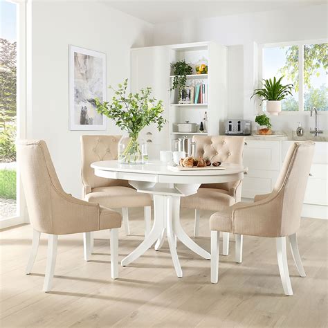 Hudson Round White Extending Dining Table With 4 Duke Oatmeal Fabric