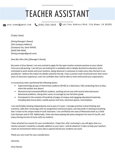 › letter of interest teachers aide. Teacher Assistant Cover Letter Sample | Resume Genius