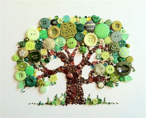 Hand Crafted Tree Of Life Button Art With Swarovski Rhinestones Button