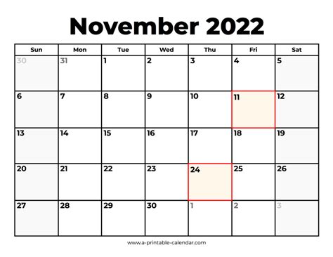 November 2022 Calendar With Holidays A Printable Calendar