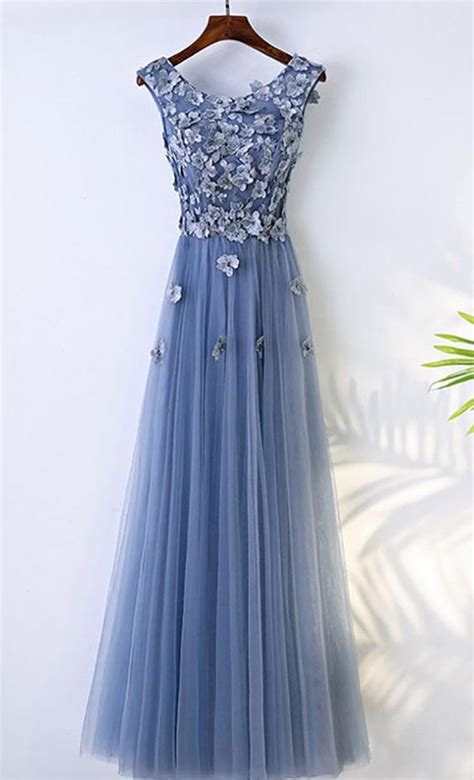 A Line Blue Flowy Prom Dress Long With Flower Petals In 2021 Flowy