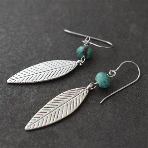Turquoise Leaf Earrings Silver Leafs Turquoise Earrings Nature Lover