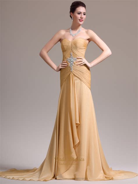 Gold Sweetheart Strapless Pleated Bodice Prom Dress With