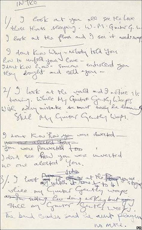 The Handwritten Lyrics To While My Guitar Gently Weeps Beatles Lyrics