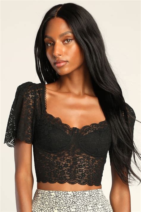 Black Lace Crop Top Sheer Crop Top Lace Bustier Crop Top Lulus