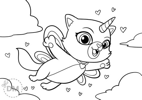 Unicorn Kitty Coloring Page Cat Rainbow Illustration Diy