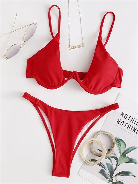 Red Sexy Nylon Plain High Stretch Women Beachwear Cut Out Bikini Bikini Set Thong Bikini