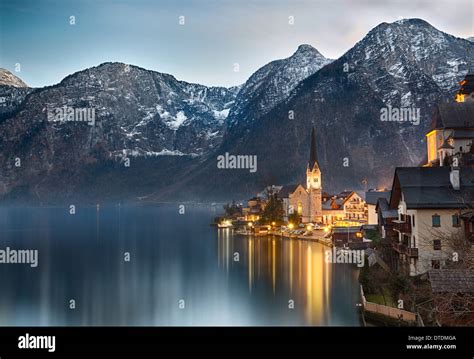 Dusk At Lake Hallstatt Salzkammergut Austrian Alps Stock Photo Alamy