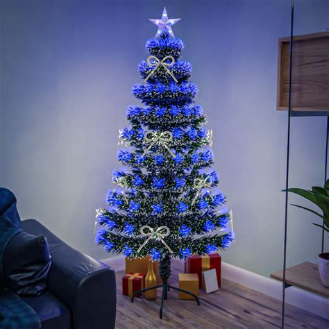 Green Fibre Optic Christmas Tree With White Tips Bows Blue Led Lights