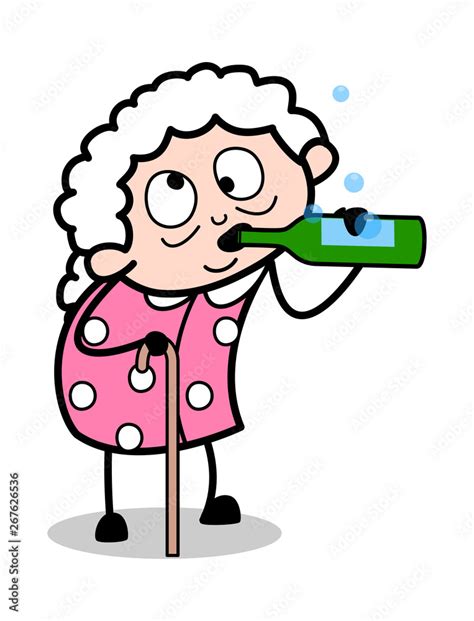Drunk Old Lady Old Woman Cartoon Granny Vector Illustration Obraz
