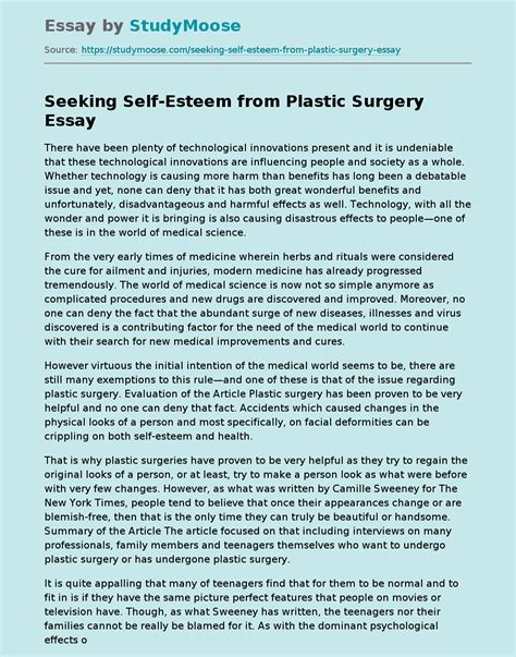 Seeking Self Esteem From Plastic Surgery Free Essay Example