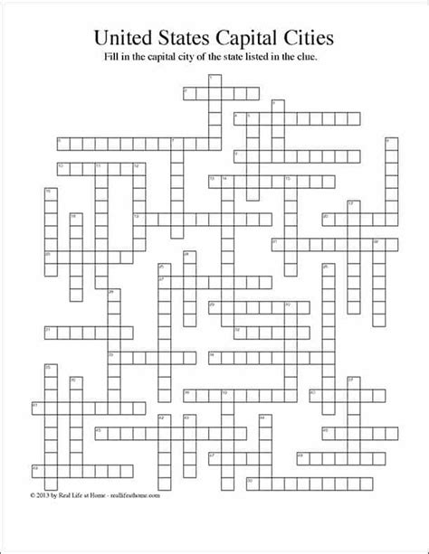 United States State Capitals Crossword Puzzle Free Printable