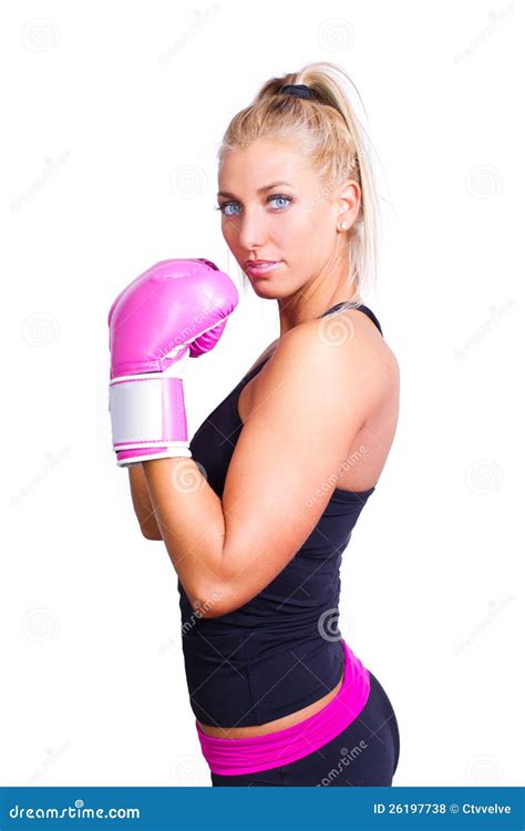 Woman Wearing Pink Boxing Gloves Stock Photo Image Of Power Grin