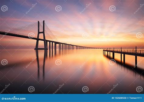 Lisbon Bridge Vasco Da Gama At Sunrise Portugal Stock Photo Image