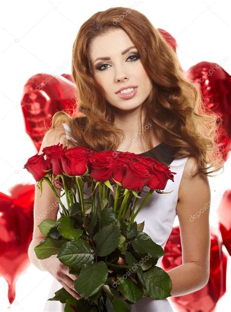 Beautiful Female Holding Red Roses Bouquet Valentines Day — Stock