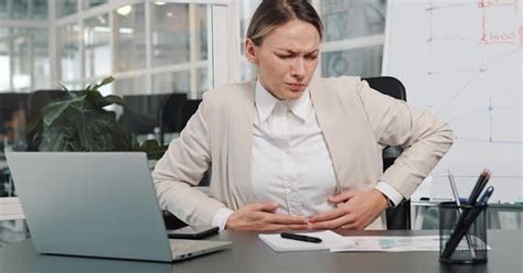 Sick Woman Office Worker Employee Having Severe Abdominal Pain Diarrhea