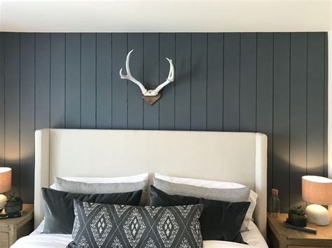 Beautiful Bedroom Accent Wall Featuring Prefinished Blue Gray Shiplap