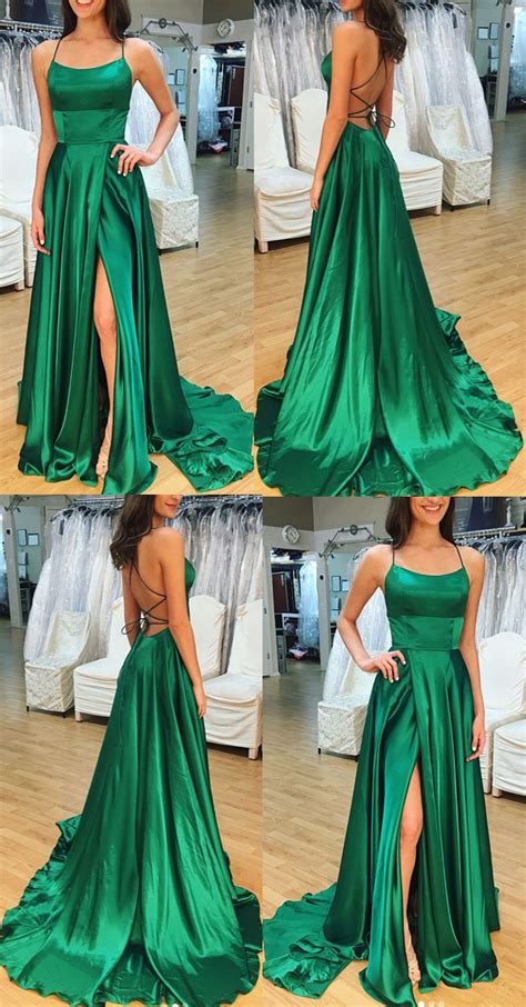 Macloth Spaghetti Straps Open Back Regency Prom Dress Satin Formal Evening Gown Green Prom