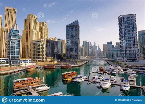Dubai Marina With Boats And Buildings United Arab Emirates Stock Image