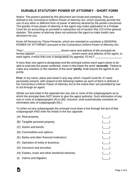 Free Connecticut Durable Statutory Power Of Attorney Form Pdf