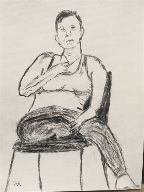 Charcoal Drawing Of Model Seated Sitting On Leg Charcoal Drawing
