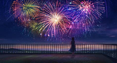 Wallpaper Girl Alone Fireworks Anime Art Hd Widescreen High