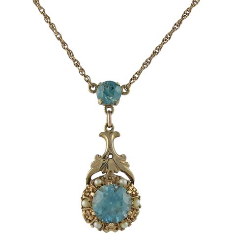 Victorian Style 14k Gold Natural Blue Zircon Necklace