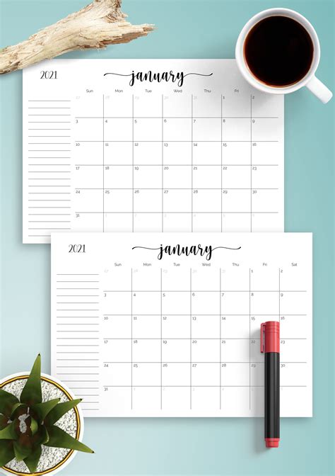 printable monthly calendar  notes section
