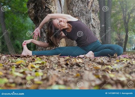 Young Woman Doing Revolved Seated Angle Yoga Pose Stock Photo Image