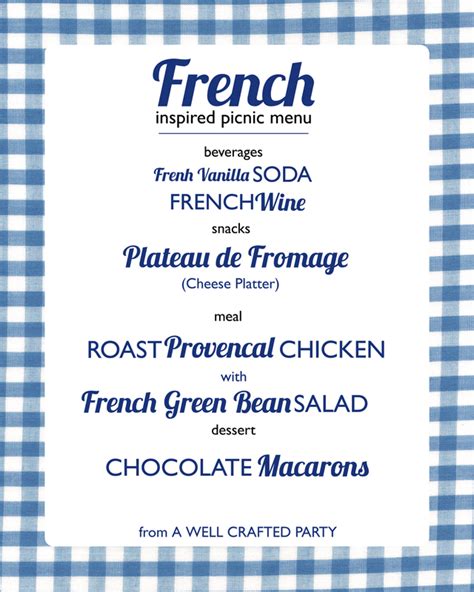 It will be in august in san francisco (so boeuf bourguignon or french onion soup ma not be appropriate that time of year) and i plan on loaning her my julia child mtaofc and. Picnic Week: A French Inspired Picnic Menu - A Well ...