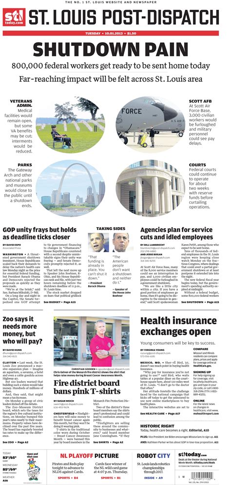The St Louis Post Dispatch Front Page For Tuesday Oct 1 2013