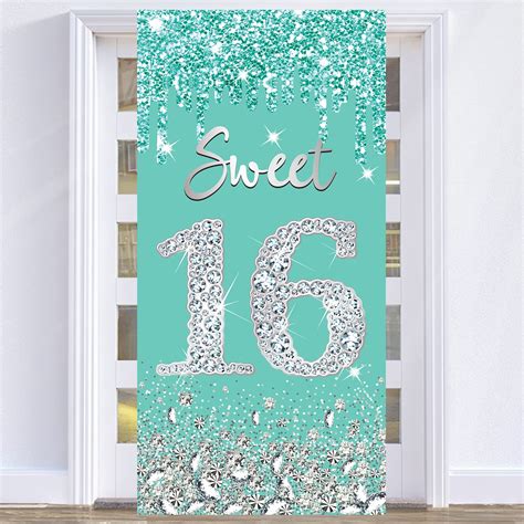 Buy Teal Silver 16th Birthday Decorations Door Banner For Girls Breakfast Blue Happy Sweet 16